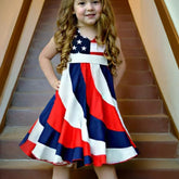 Toddler Girls' Independence Day Dress Red White & Blue Stripes And Stars Short Sleeve Twirl Dress 4th Of July